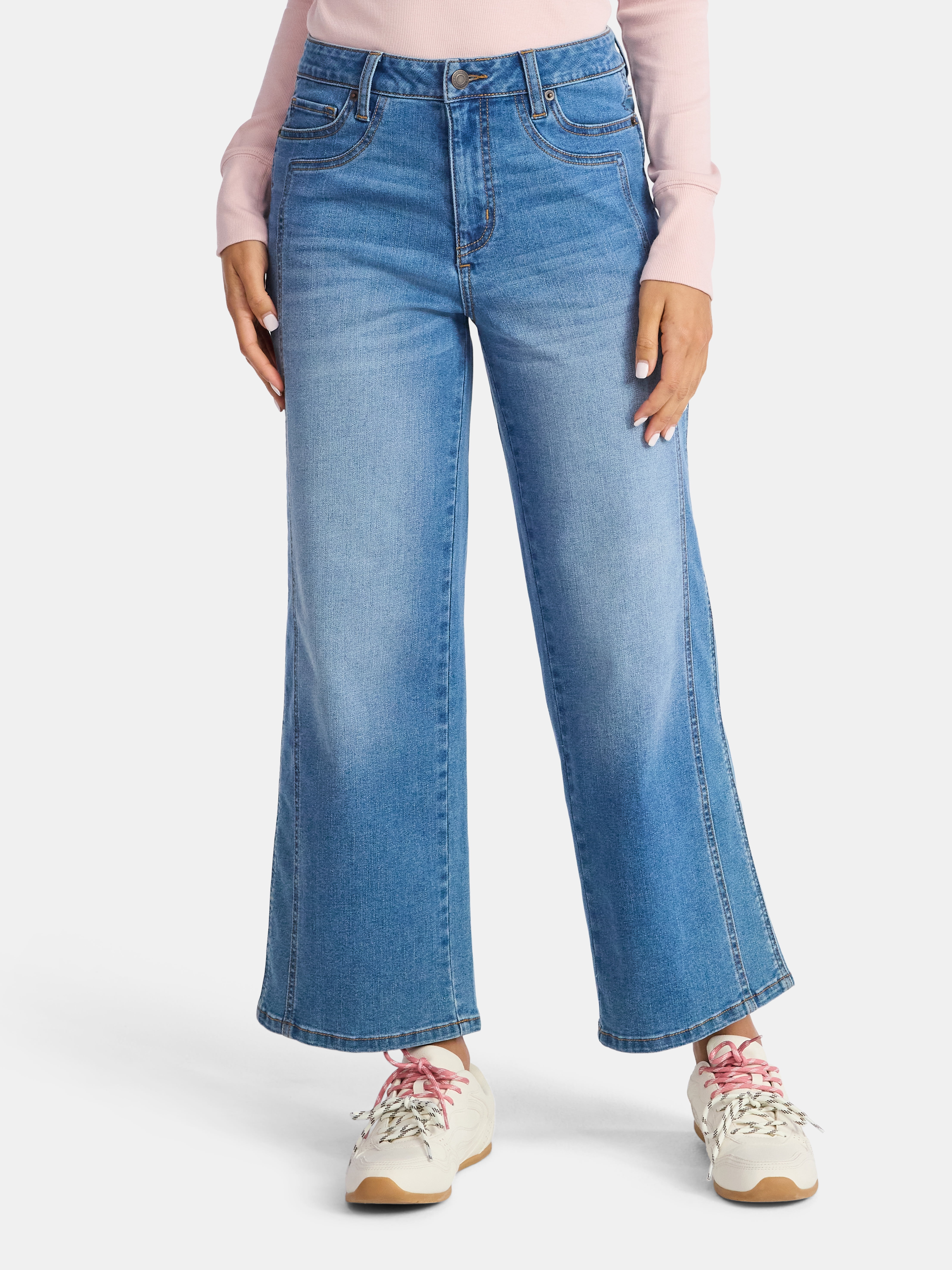 Time and Tru Women's High Rise Wide Leg Cropped Jeans with Side Seam Details, 27" Inseam, Sizes 0-20