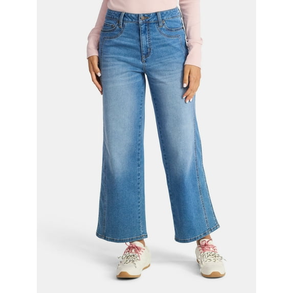 Time and Tru Women's High Rise Wide Leg Cropped Jeans with Side Seam Details, 27" Inseam, Sizes 0-20