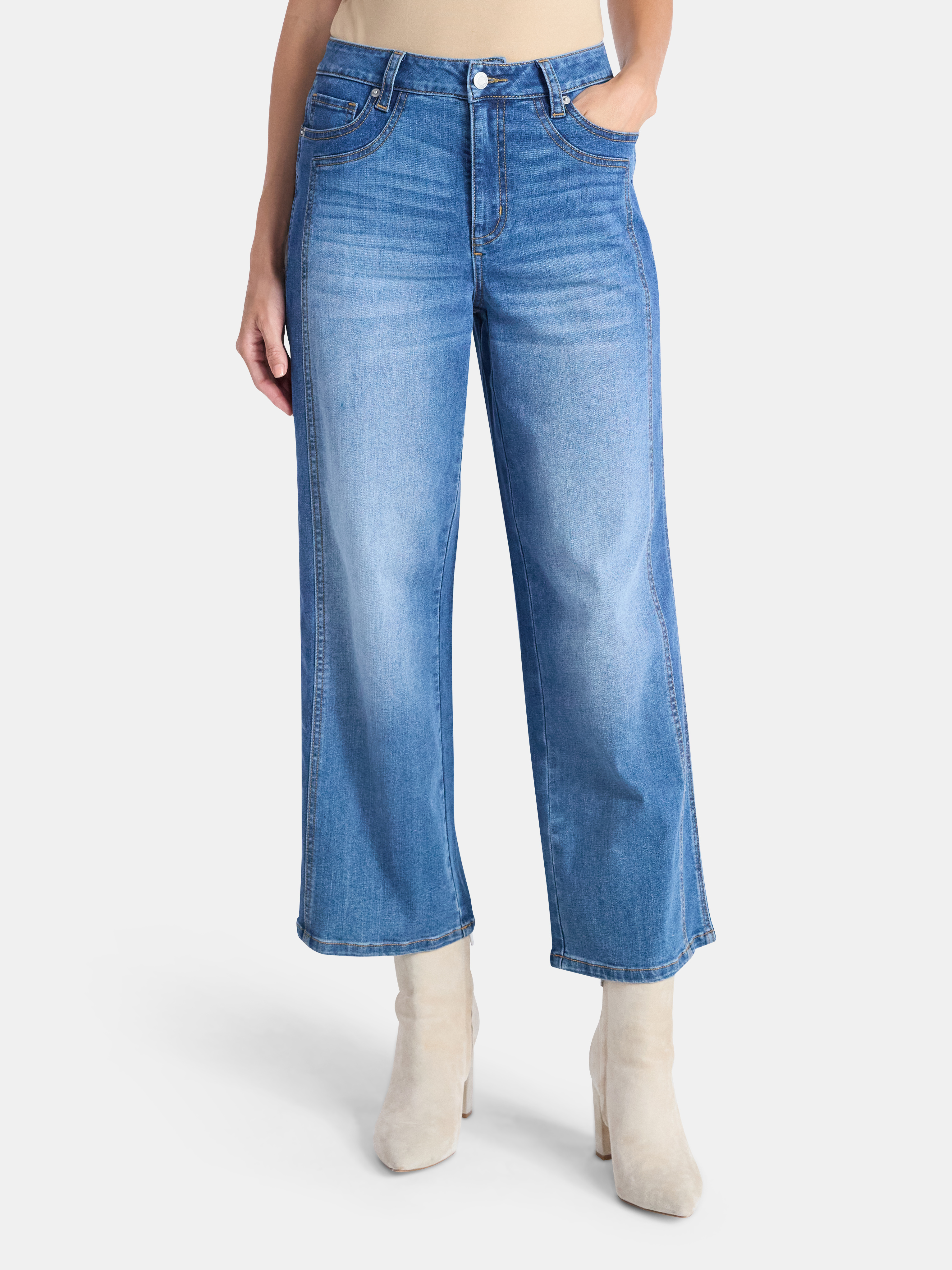 Time and Tru Women's High Rise Wide Leg Cropped Je