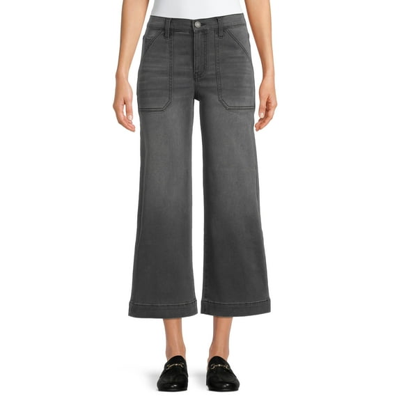 Time and Tru Women's High Rise Wide Leg Crop Utility Jeans, 26.5" Inseam, Sizes 2-20