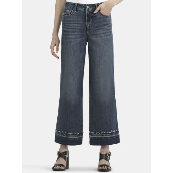 Time and Tru Women's and Women’s Plus High Rise Wide Leg Jeans with Frayed Cuffs, Sizes 2-28