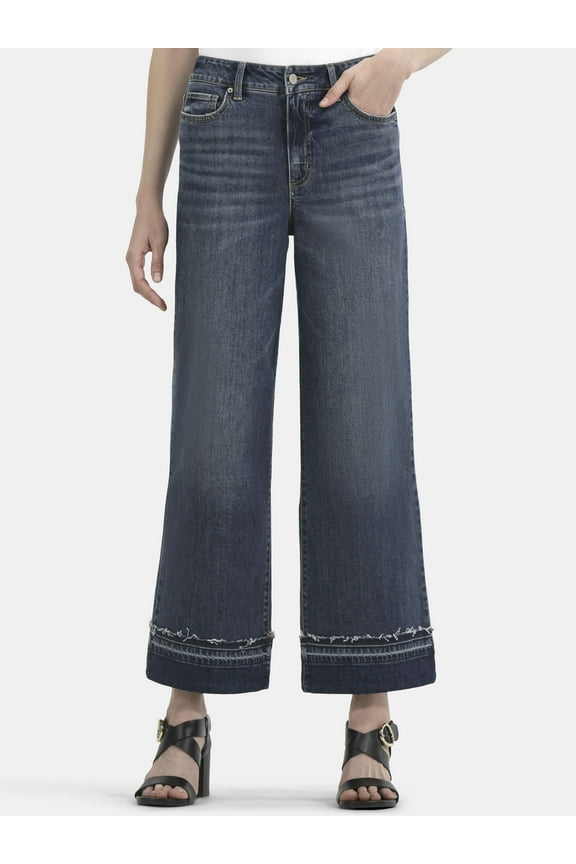 Women's and Women’s Plus High Rise Wide Leg Jeans with Frayed Cuffs, Sizes 2-28