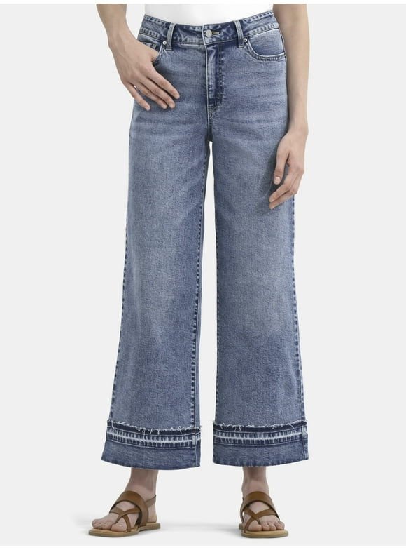 Women's and Women’s Plus High Rise Wide Leg Jeans with Frayed Cuffs, Sizes 2-28