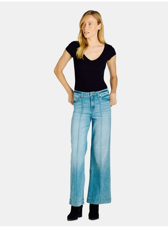 Women's Wide Leg Jeans with Seam Details, Available in Regular, Short, Long Inseams, Sizes 0-22