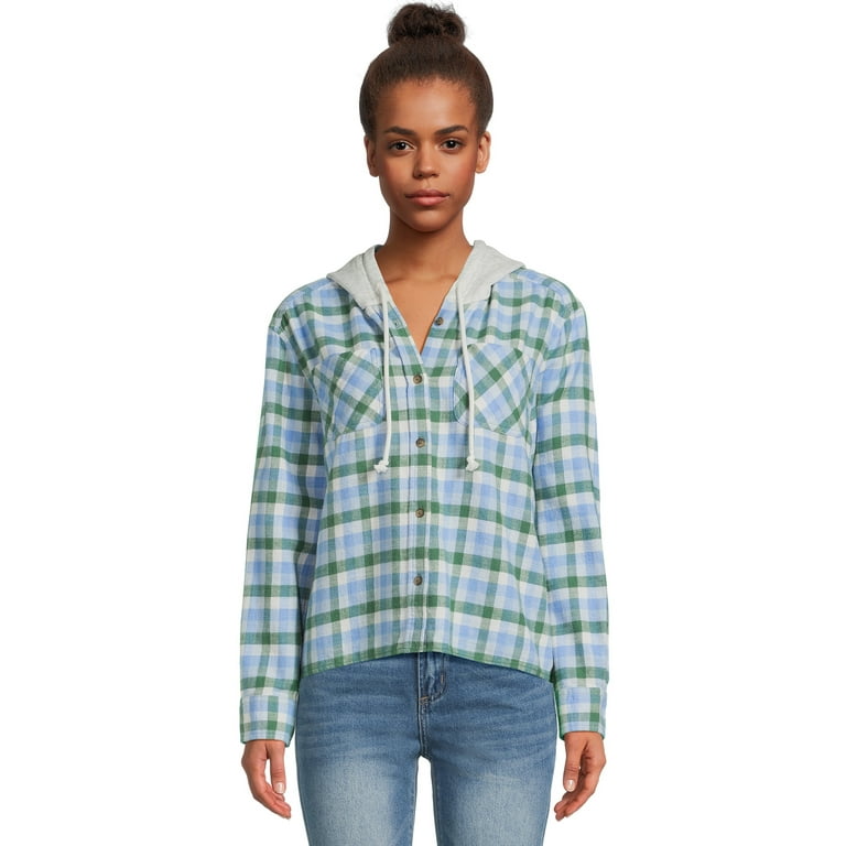 Time and Tru Women's Hooded Crop Flannel Shirt, Sizes XS-XXXL
