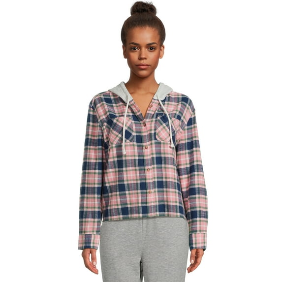 Time and Tru Women's Hooded Crop Flannel Shirt, Sizes XS-XXXL