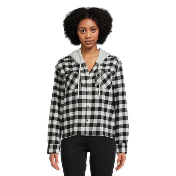 Time and Tru Women's Hooded Crop Flannel Shirt, Sizes XS-XXXL
