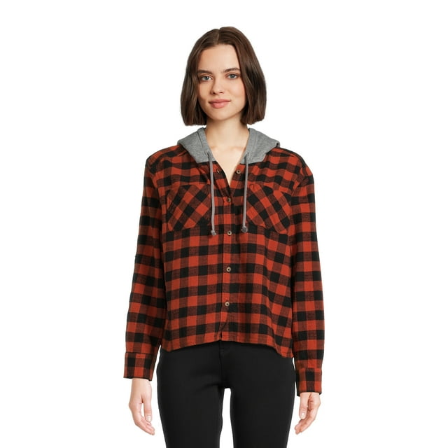 Time and Tru Women's Hooded Crop Flannel Shirt