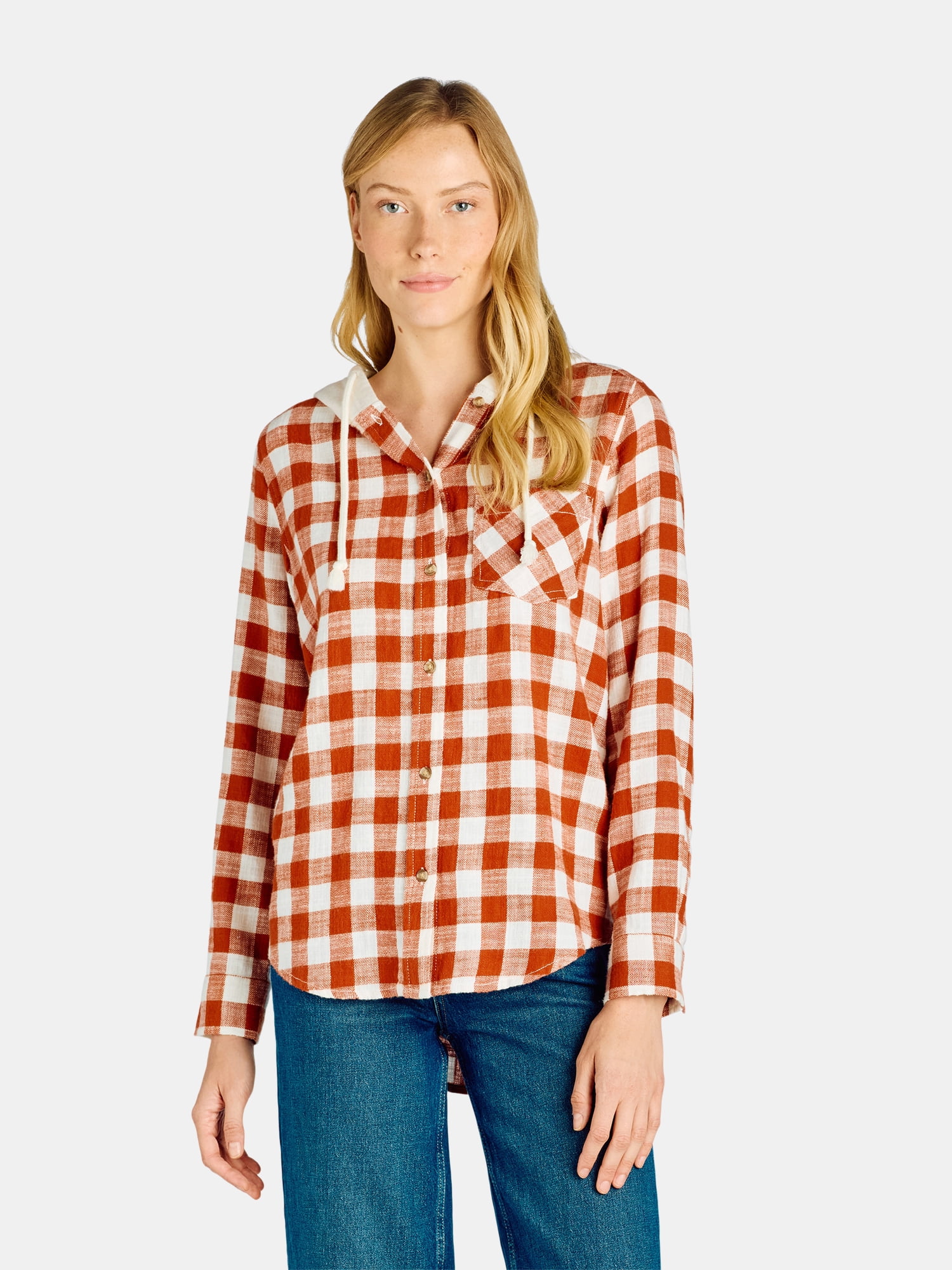 Time and Tru Women's Hooded Flannel Button Down Shirt with Long Sleeves, Sizes XS-XXXL