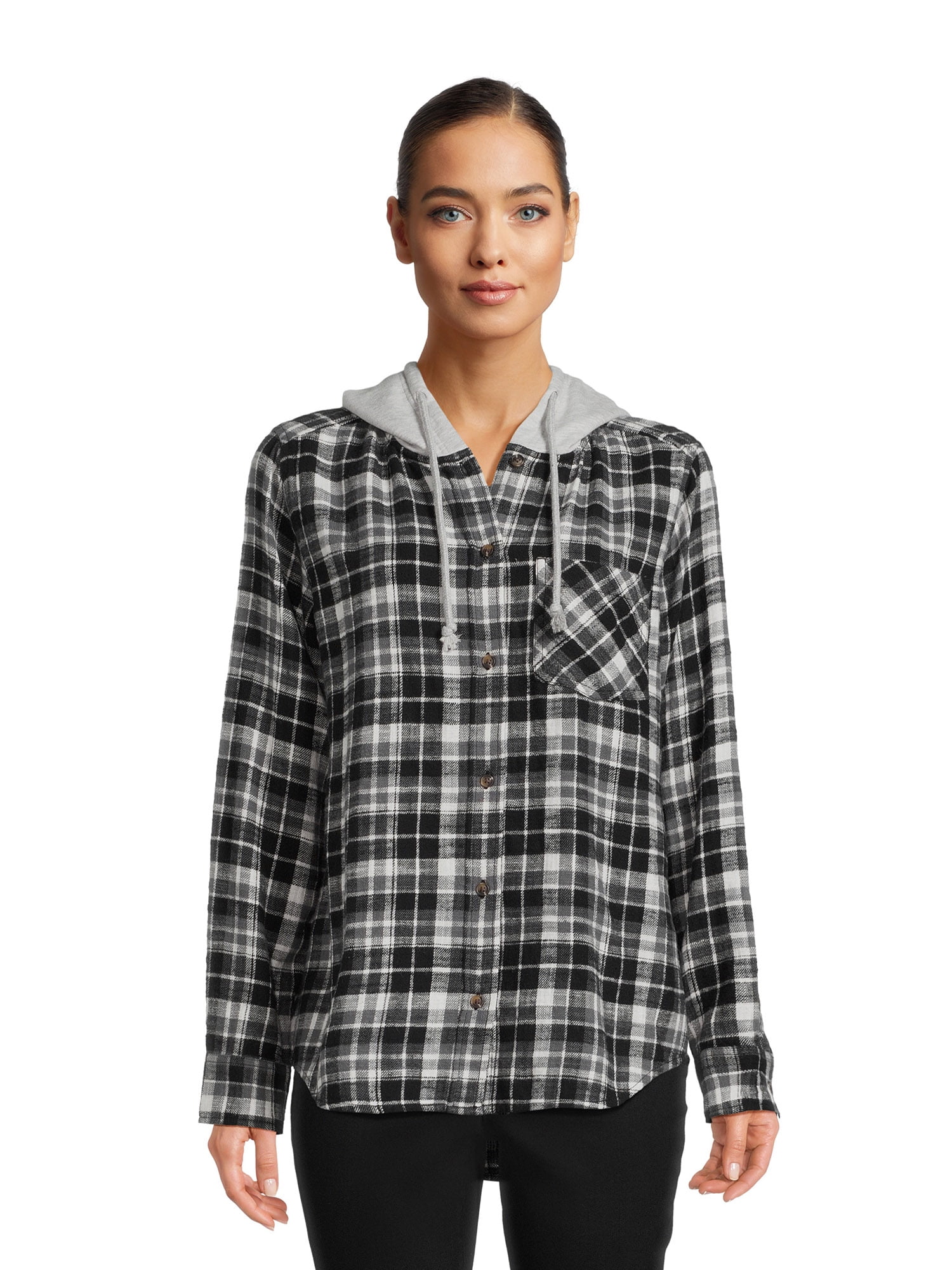 Time and Tru Women's Hooded Flannel Shirt, Sizes S-XXXL - Walmart.com