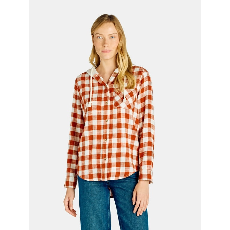 Time and Tru Women s Hooded Flannel Button Down Shirt with Long Sleeves Sizes XS XXXL Walmart