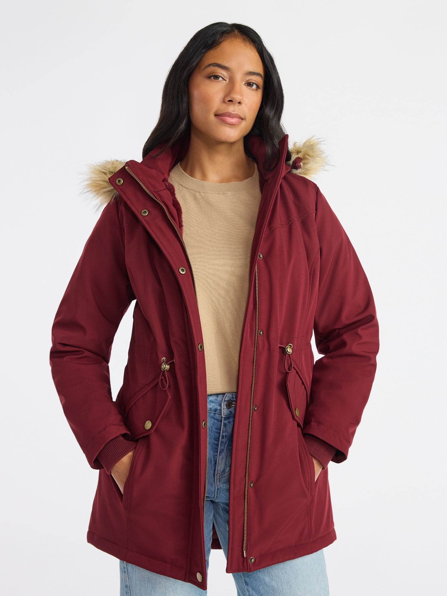Time and Tru Women's and Women's Plus Hooded Anorak Jacket with Faux Fur Trim, Heavyweight, Sizes XS-2X