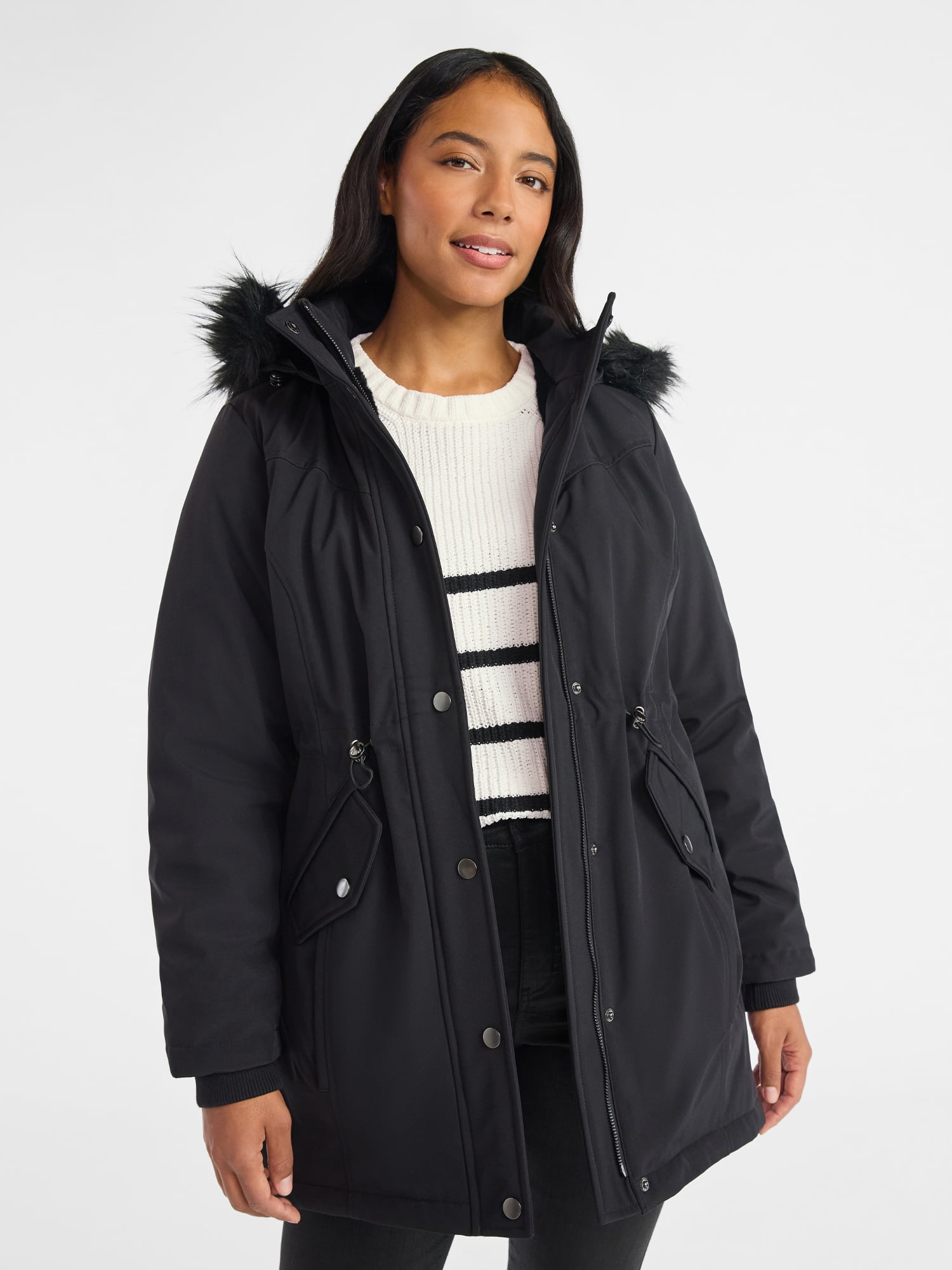 Time and Tru Women's and Women's Plus Hooded Anorak Jacket with Faux Fur Trim, Heavyweight, Sizes XS-2X