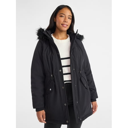 Time and Tru Women's and Women's Plus Hooded Anorak Jacket with Faux Fur Trim, Heavyweight, Sizes XS-2X