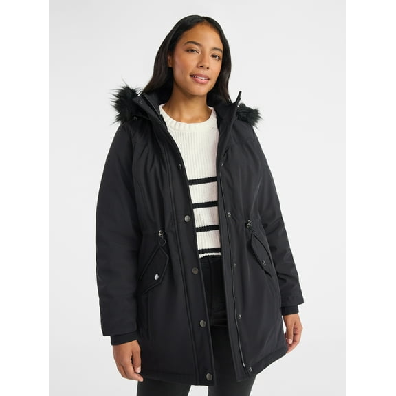 Time and Tru Women's and Women's Plus Hooded Anorak Jacket with Faux Fur Trim, Heavyweight, Sizes XS-2X