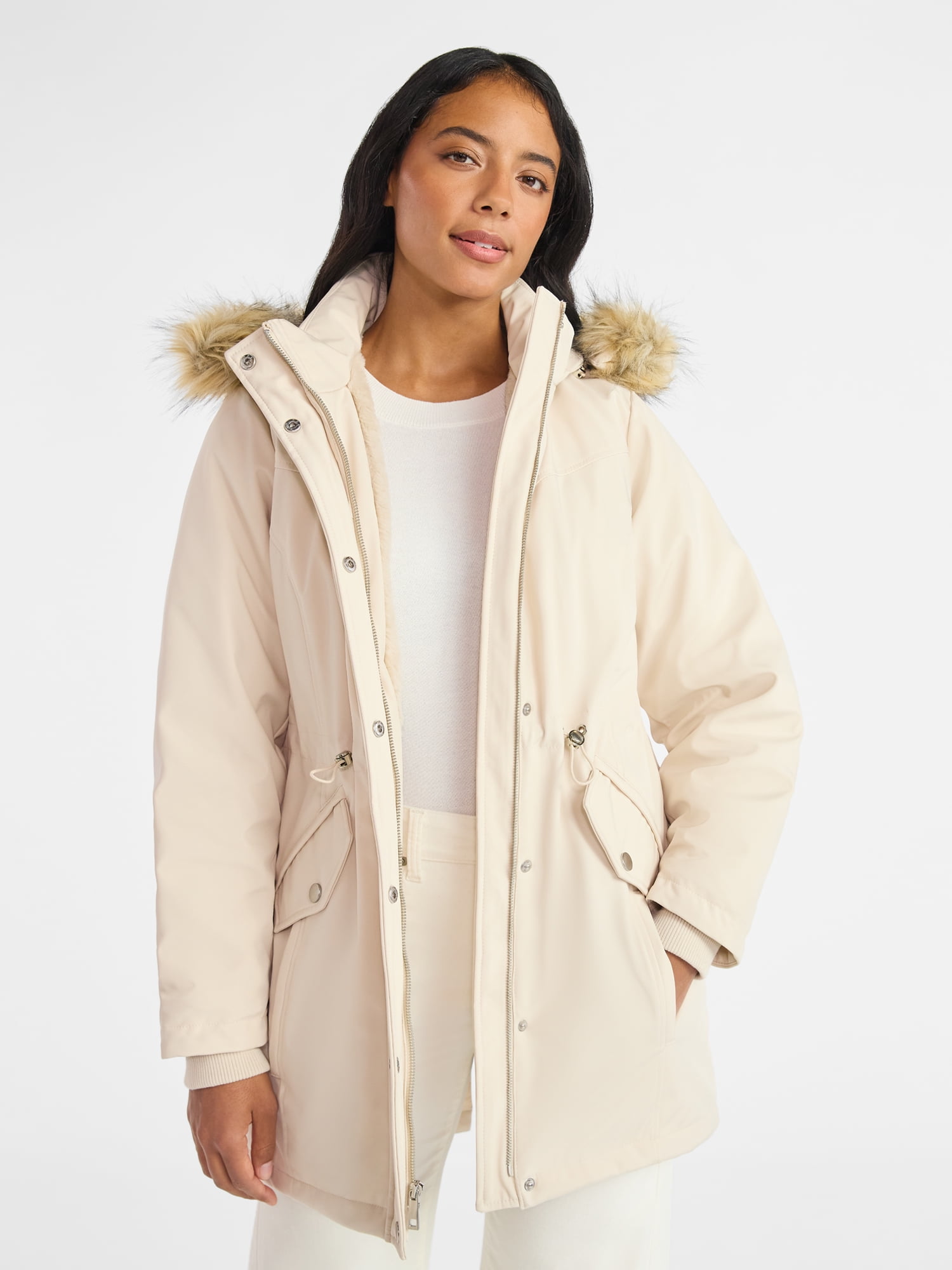 Time and Tru Women's and Women's Plus Hooded Anorak Jacket with Faux Fur Trim, Heavyweight, Sizes XS-2X