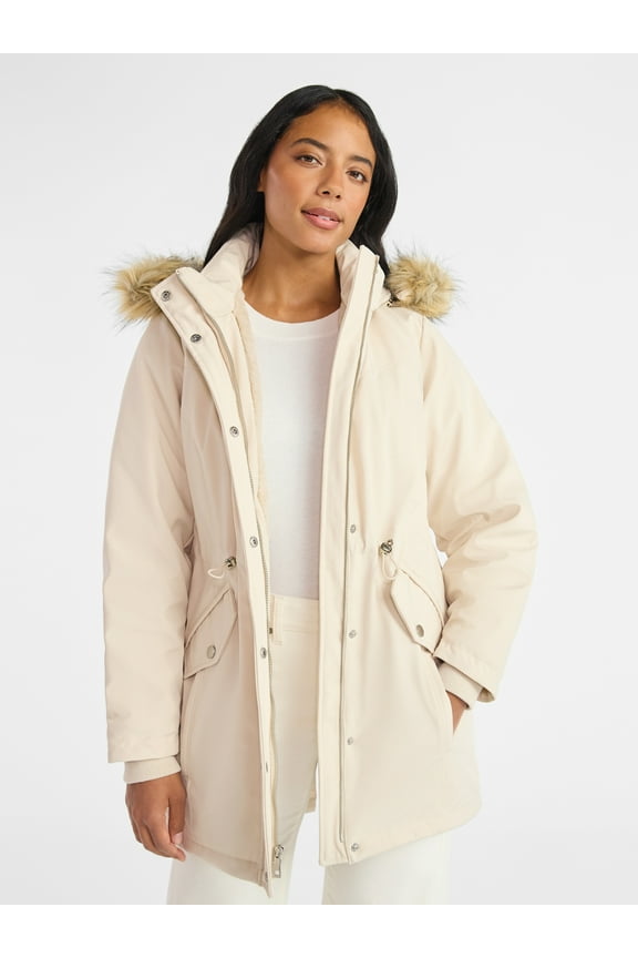 Women's and Women's Plus Hooded Anorak Jacket with Faux Fur Trim, Heavyweight, Sizes XS-2X