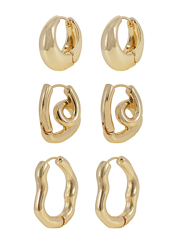Women's Huggie Hoop Earring Set, 3 Pairs, Gold-Tone