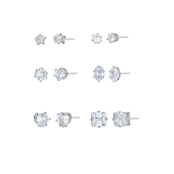 Time and Tru Women's Jewelry Essentials Simulated Diamond Stud Earrings, 6-Pack
