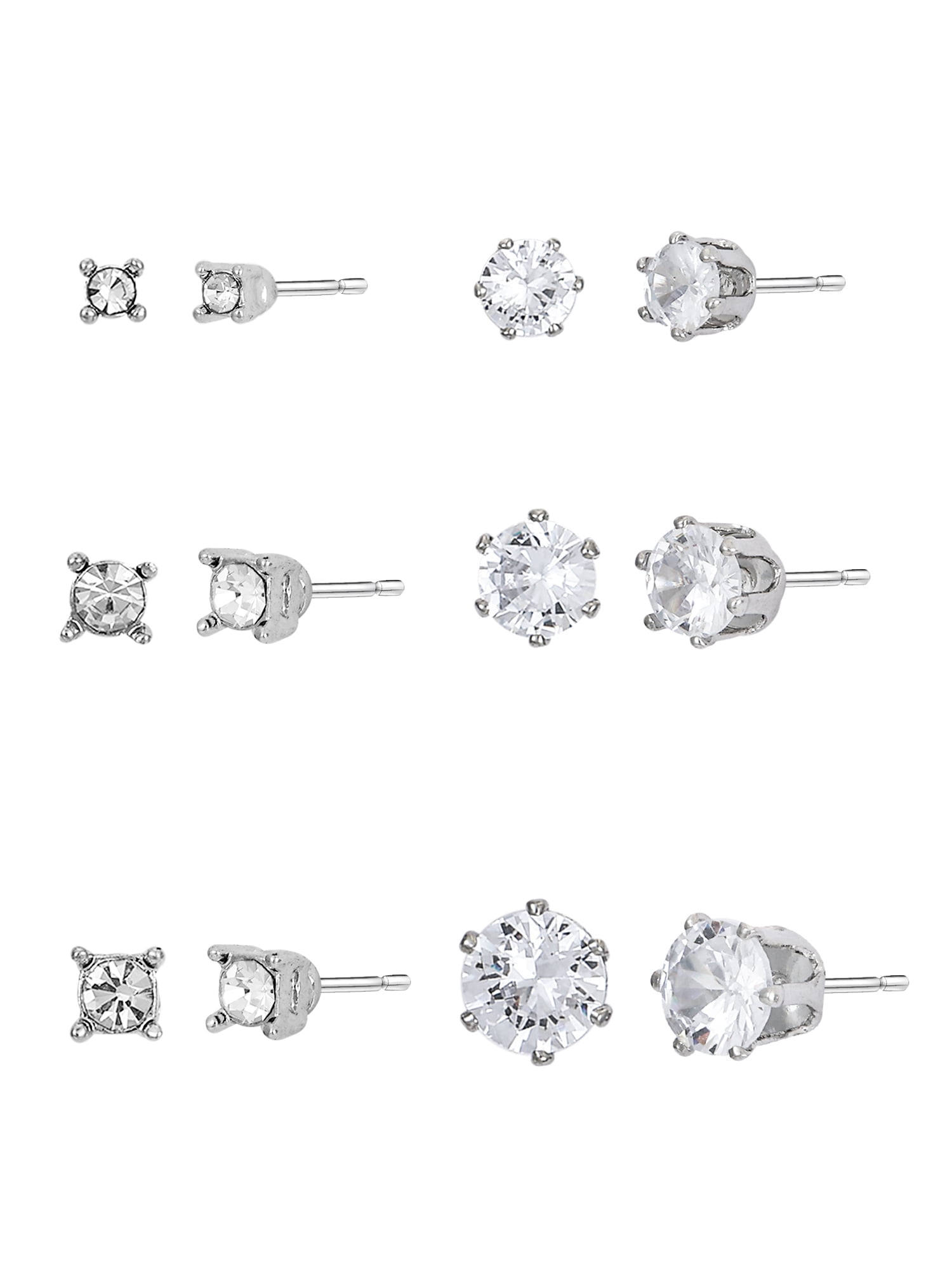 Time and Tru Women's Jewelry Essentials Simulated Diamond Stud Earrings, 6-Pack