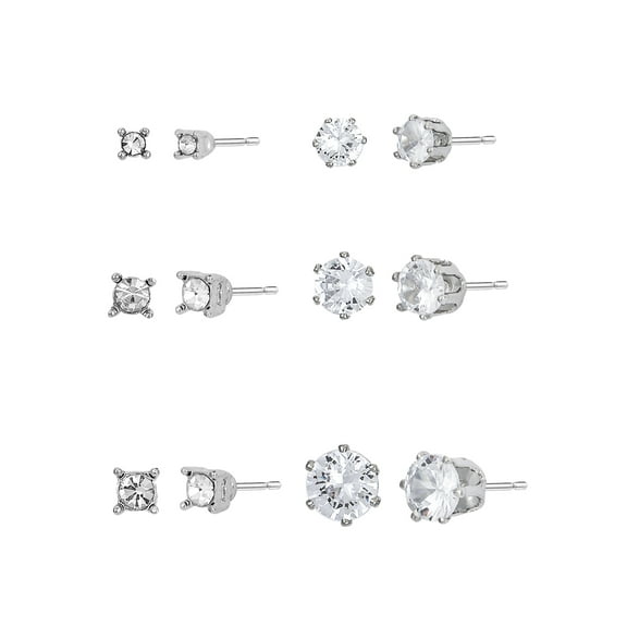 Time and Tru Women's Jewelry Essentials Simulated Diamond Stud Earrings, 6-Pack