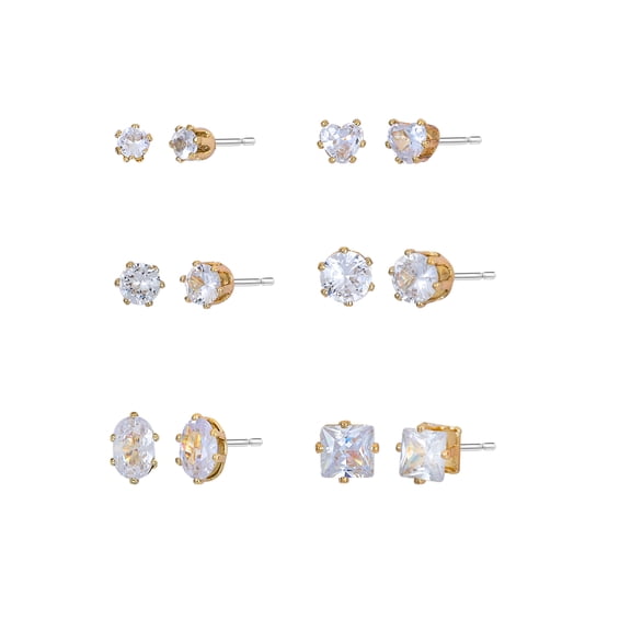 Time and Tru Women's Jewelry Essentials Simulated Diamond Stud Earrings, 6-Pack