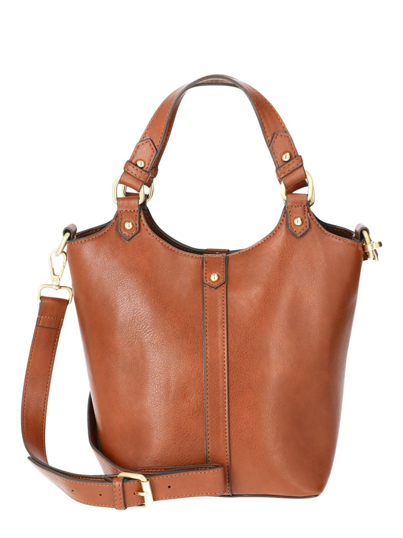 Time and Tru Women's Juniper Crossbody Bucket Bag Cognac Faux