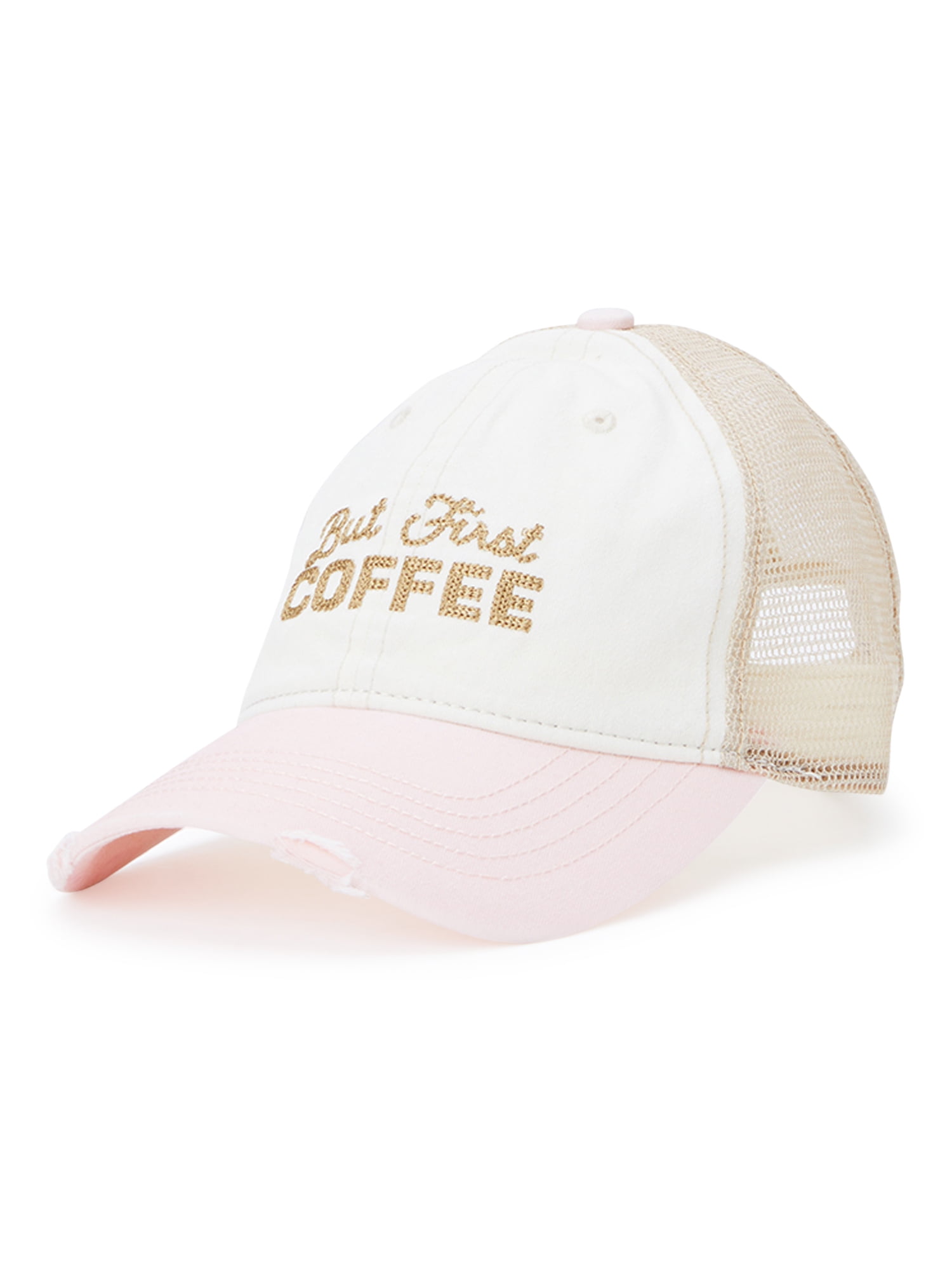 Time and Tru Women's Khaki and Pink Embroidered But First Coffee Washed Cotton Twill Baseball Hat Winter White Coral
