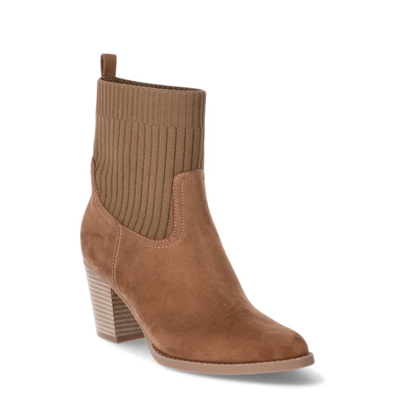 Time and Tru Women's Faux Suede Knit Ankle Boots, Sizes 6-11