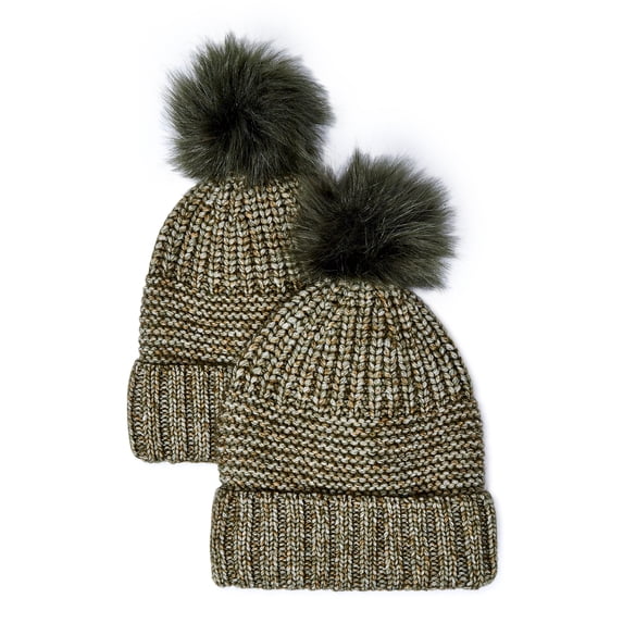 Time and Tru Women's Knit Hat with Pom Pom, 2-Pack