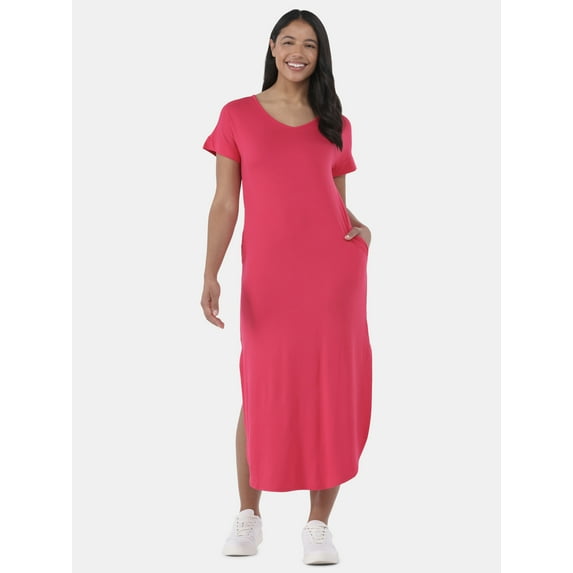 Time and Tru Women's Knit Maxi Dress with Short Sleeves, Sizes XS-XXXL