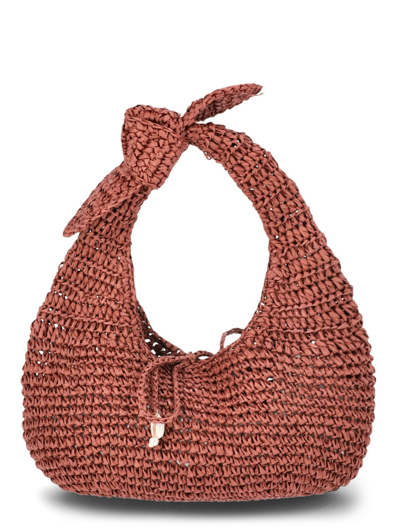 Time and Tru Women's Knot Top Straw Crescent Bag, Bronze