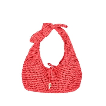 Time and Tru Women's Knot Top Straw Crescent Bag, Sunset Pink