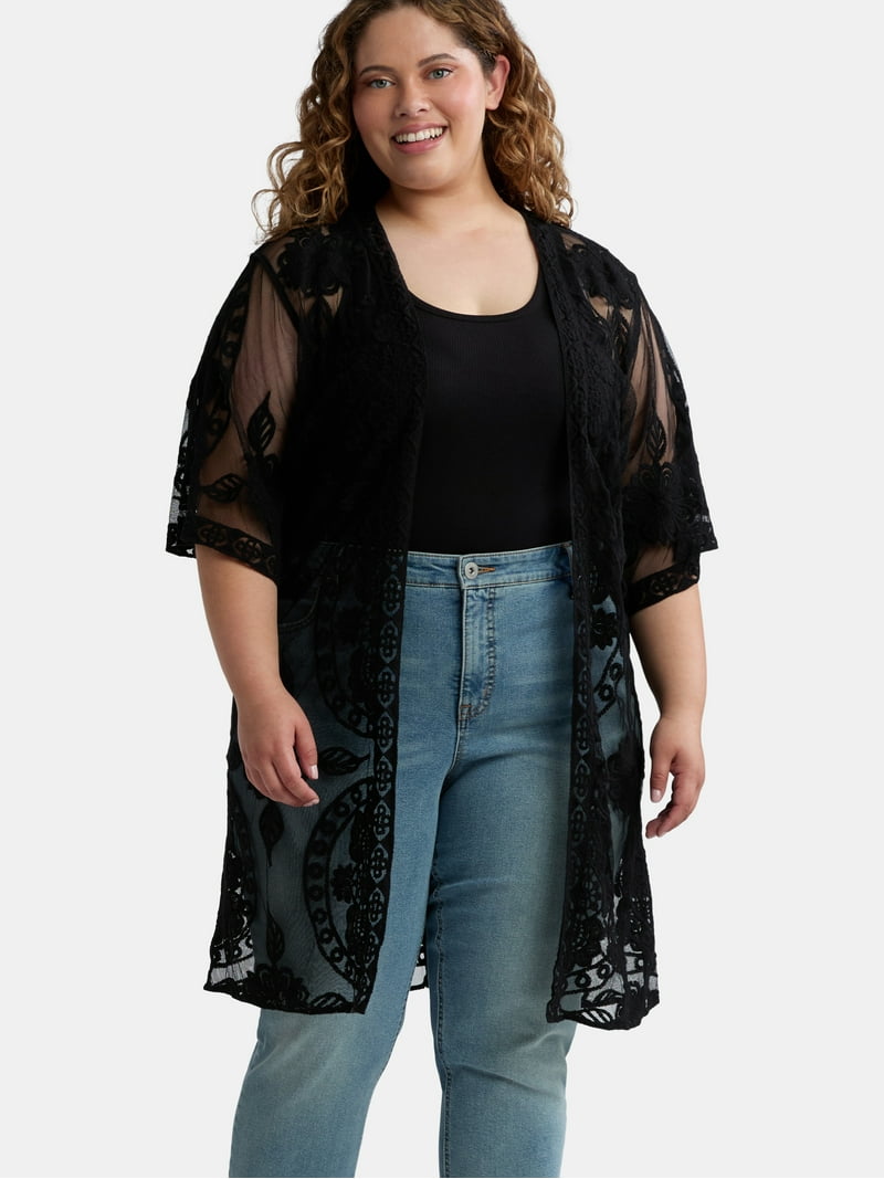 Time and Tru Women's Lace Coverup, Open Front Sheer Lace Duster, S