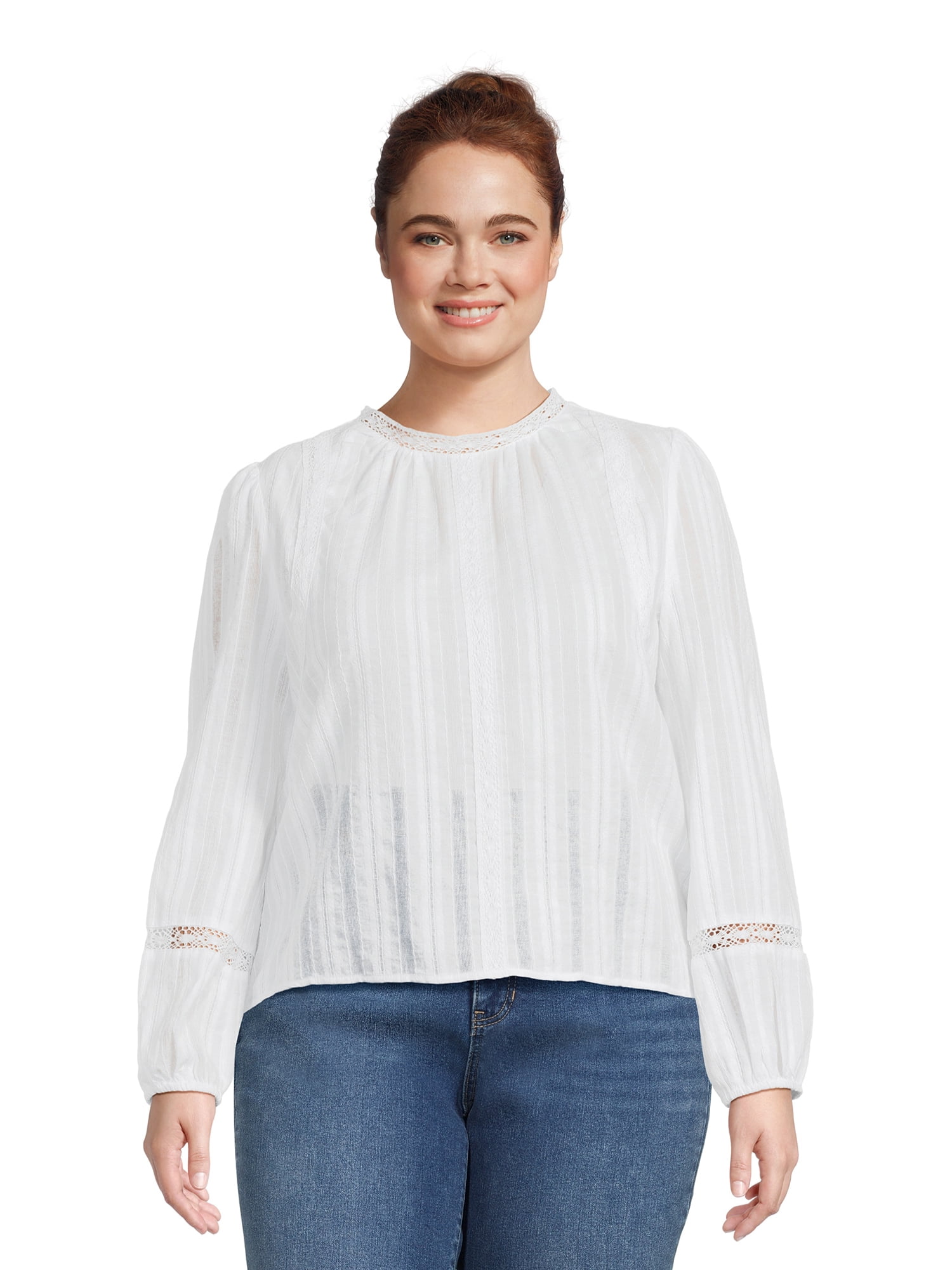 Time and Tru Women's Lace Inset Top with Long Sleeves, Sizes XS-XXXL ...