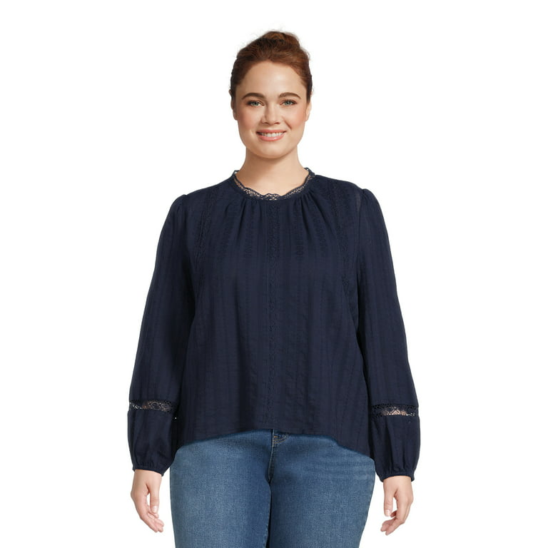 Time and Tru Women's Lace Inset Top with Long Sleeves, Sizes XS-XXXL