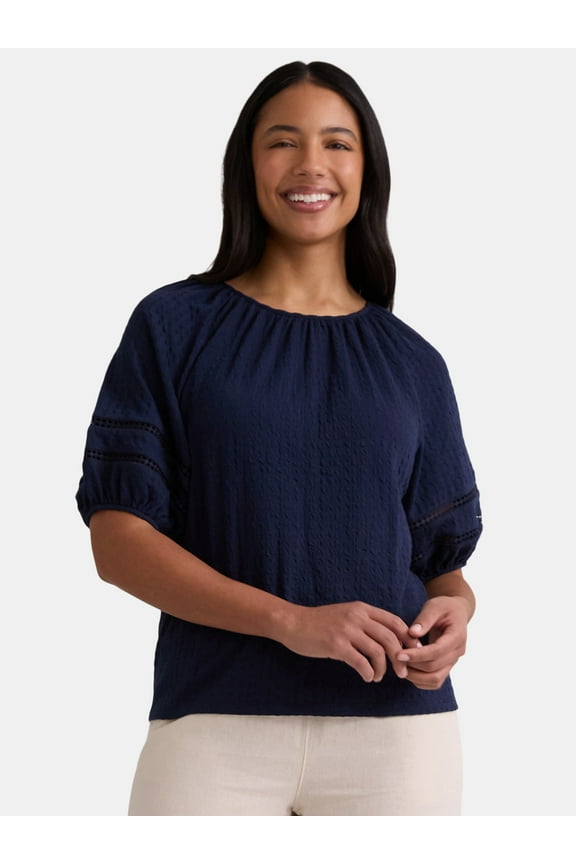 Women's Lace Trim Top with Puff Sleeves, Sizes XS-XXXL