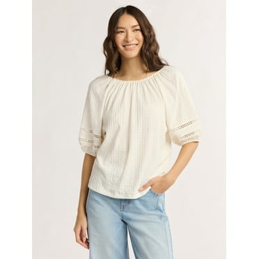 Time and Tru Women's Lace Trim Top with Puff Sleeves, Sizes XS-XXXL