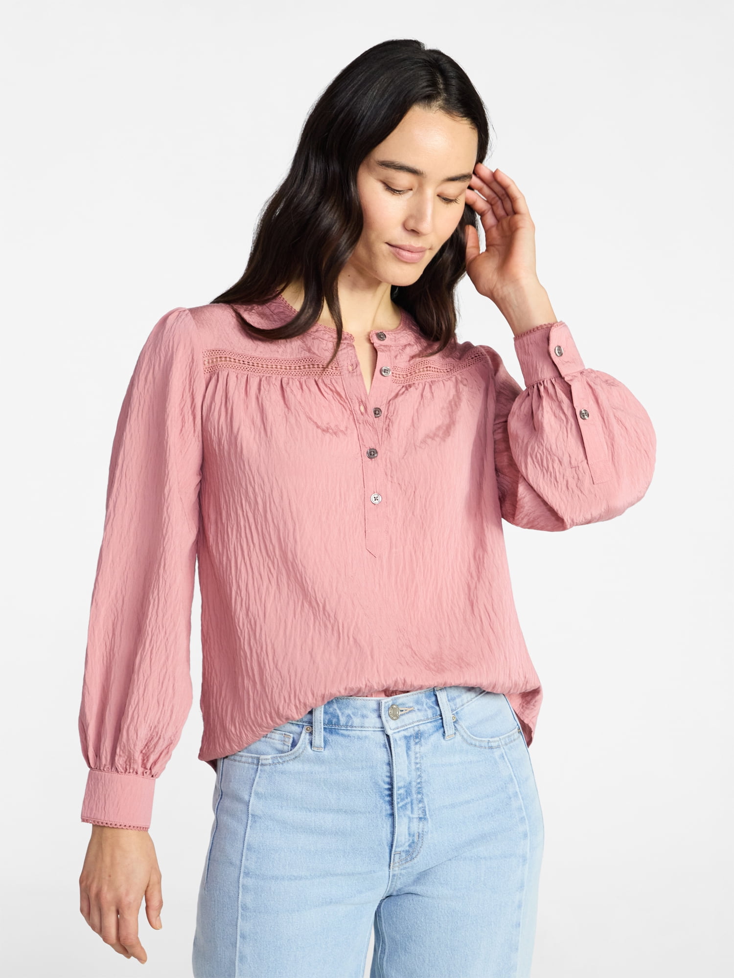 Time and Tru Women's Lace Yoke Half Button Shirt with Long Sleeves Sizes XS-XXXL