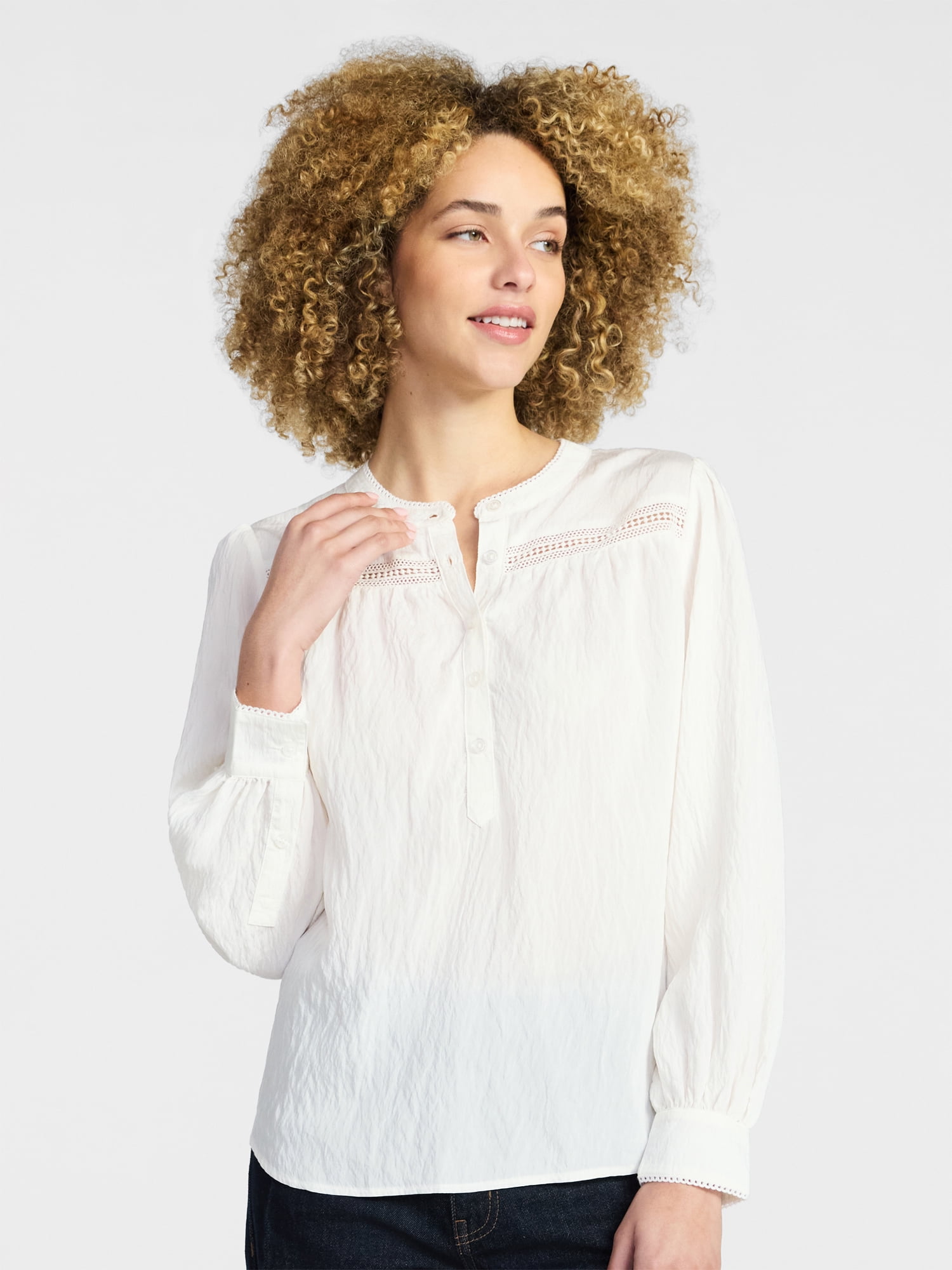 Time and Tru Women's Lace Yoke Half Button Shirt with Long Sleeves Sizes XS-XXXL