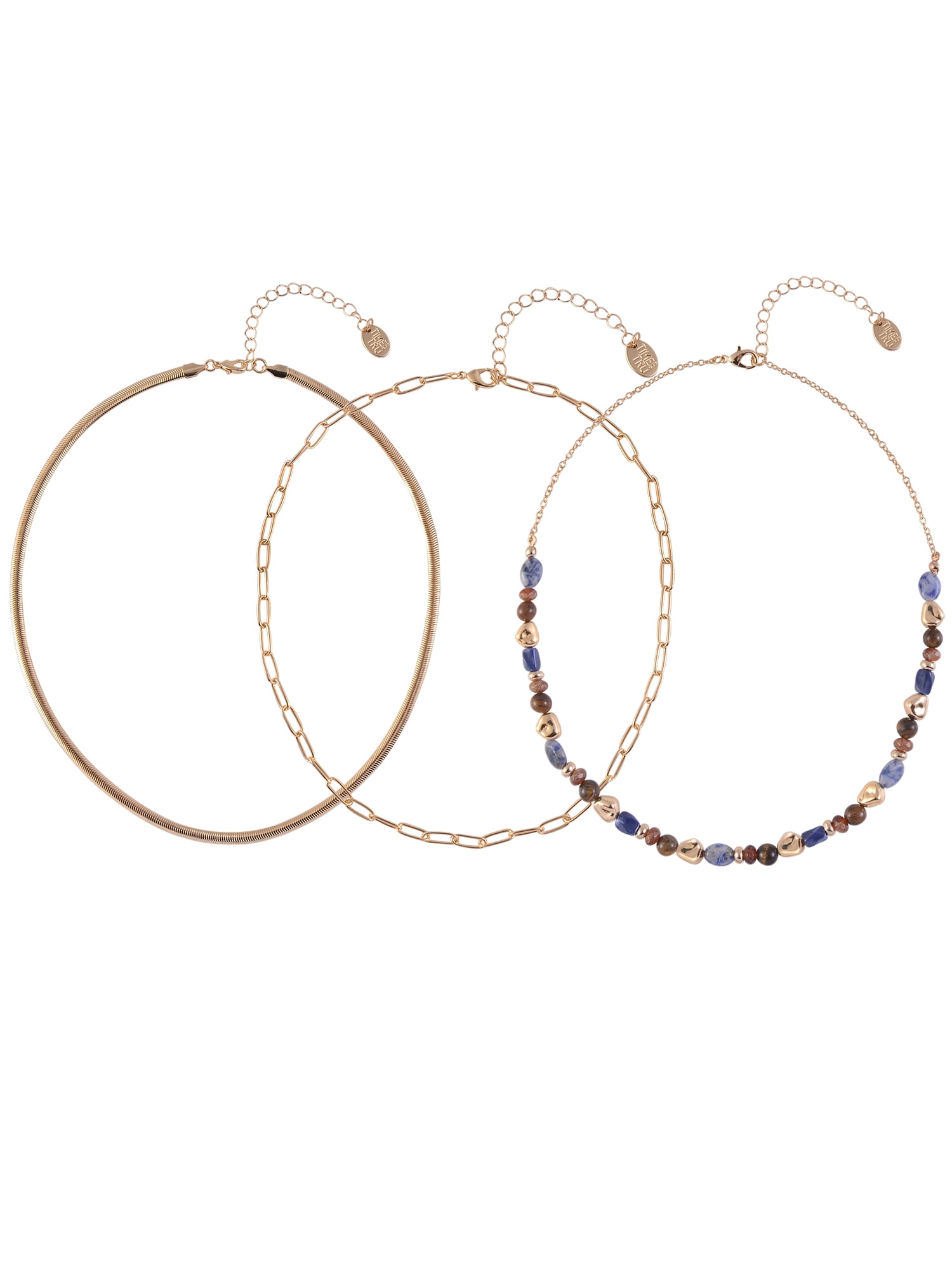 Time and Tru Women's Layered Blue and Brown Beads with Snake and Oval Chain Goldtone 3pc Necklace