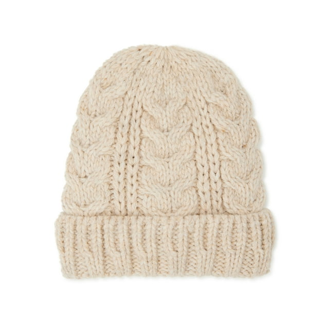 Time and Tru Women’s Lined Cable Knit Beanie Hat, Oatmeal Heather ...