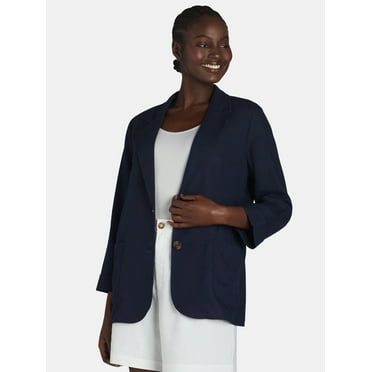 Time and Tru Women’s Linen Blend Blazer with Patch Pockets, Sizes XS-XXXL