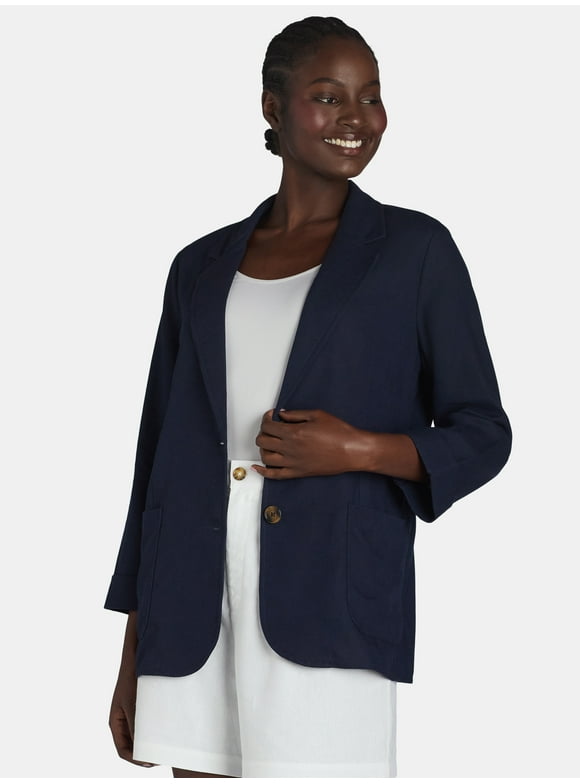 Time and Tru Women’s Linen Blend Blazer with Patch Pockets, Sizes XS-XXXL