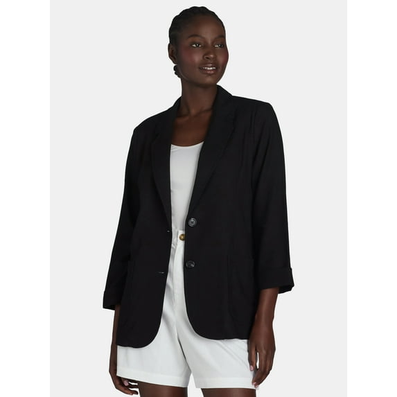 Time and Tru Women’s Linen-Blend Button Front Blazer with Patch Pockets, Sizes S-XXXL