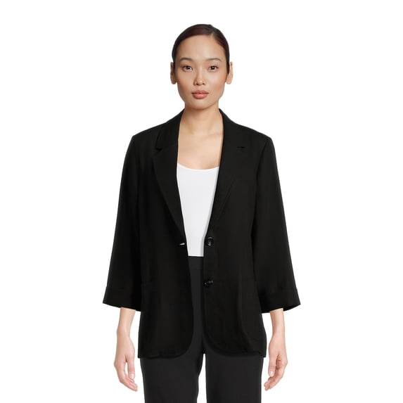 Time and Tru Women’s Linen-Blend Button Front Blazer with Patch Pockets, Sizes S-XXXL