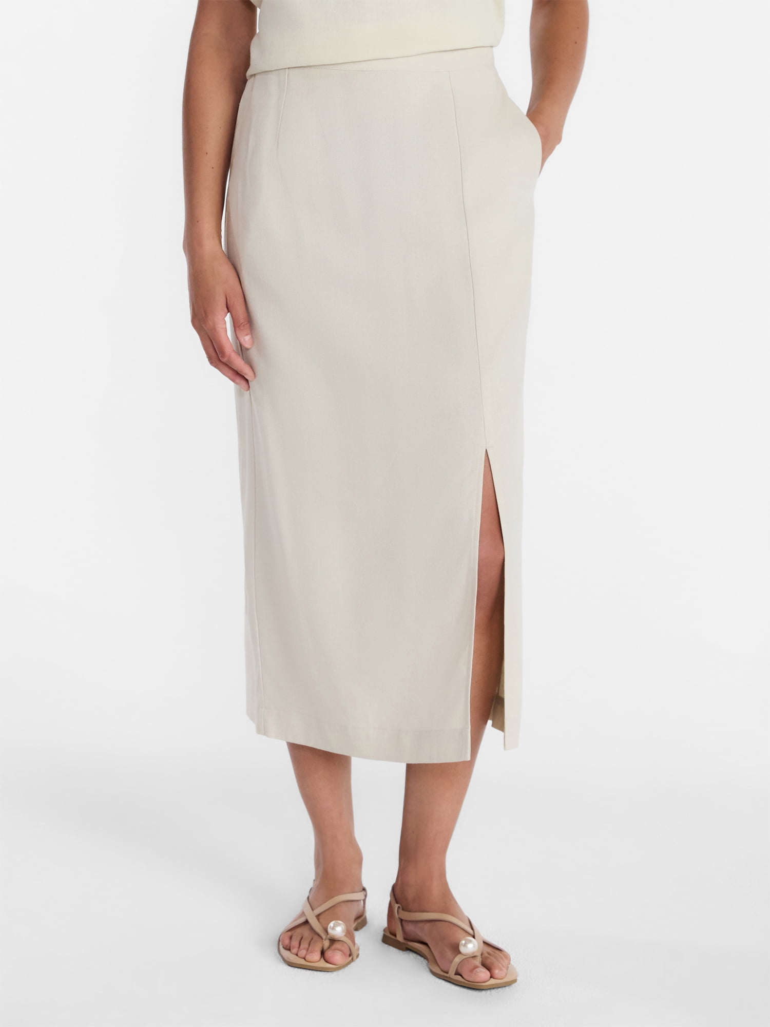 Time and Tru Women's and Women’s Plus Linen Blend Midi Skirt with Side Slit, Sizes XS-XXXL