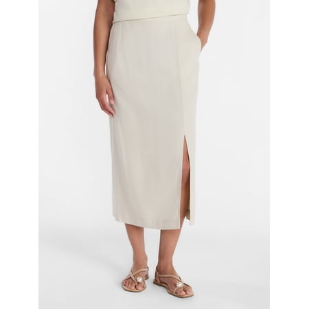 Time and Tru Women's and Women’s Plus Linen Blend Midi Skirt with Side Slit, Sizes XS-XXXL