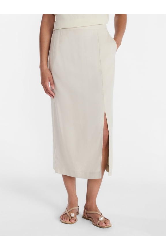 Women's and Women’s Plus Linen Blend Midi Skirt with Side Slit, Sizes XS-XXXL