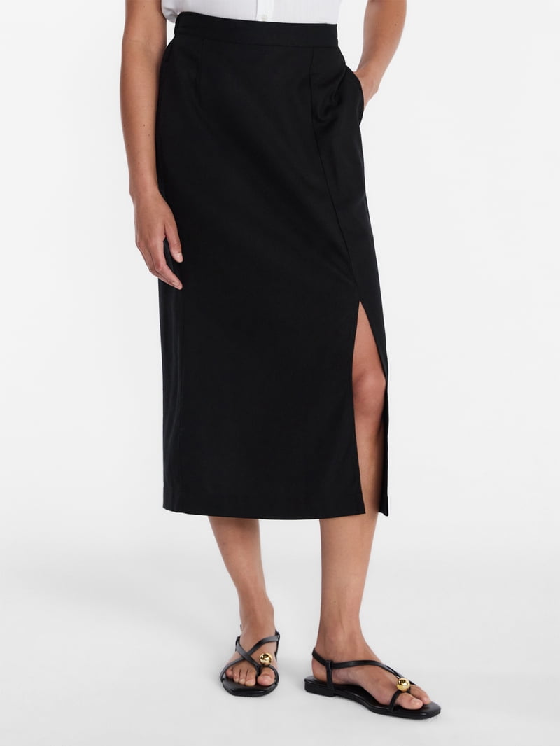 Time and Tru Women's and Women's Plus Linen Blend Midi Skirt with